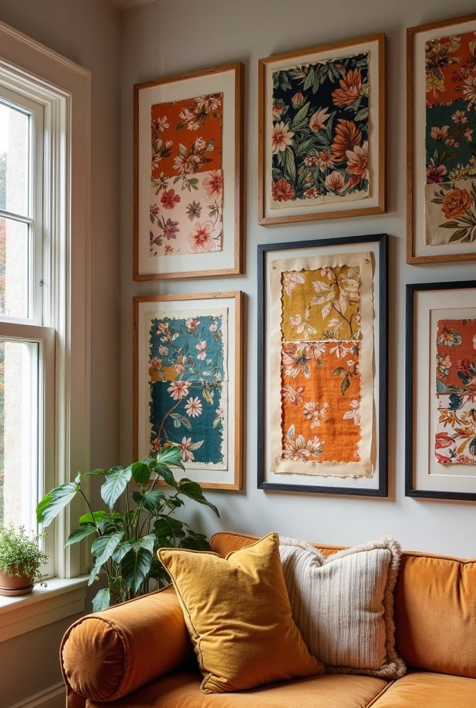 A cozy, stylish interior wall adorned with framed fabric swatches and scarves. Each frame contains a unique, colorful textile pattern—florals, abstract designs, and bold prints—adding texture and vibrancy to the space. The fabrics are neatly cut to fit within minimalist wooden or black frames, arranged in a balanced gallery wall layout. The overall color palette is cohesive, blending warm tones like rust, mustard, and deep teal, creating a harmonious and inviting atmosphere. Soft natural light enhances the fabric textures and makes the wall a focal point in the room.