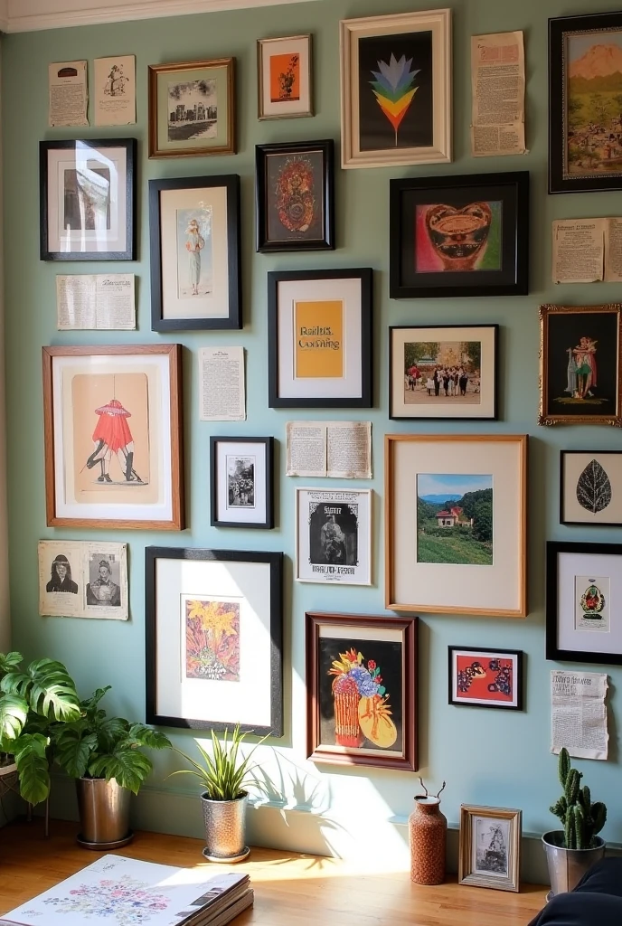A vibrant and eclectic gallery wall filled with a mix of framed photos, handmade art, vintage postcards, magazine clippings, and torn calendar pages. The arrangement is thoughtfully curated, with varied frame styles—some sleek black, some natural wood, and others with a distressed, vintage finish. The artwork spans different mediums, from colorful abstract paintings to black-and-white photographs, to playful typography. The pieces are hung with a slight overlap for a relaxed, layered look, creating a fun, personal collage that feels both artistic and spontaneous. The wall is bathed in soft natural light, highlighting the textures of paper, canvas, and photographs, and giving the space a cozy, creative vibe.
