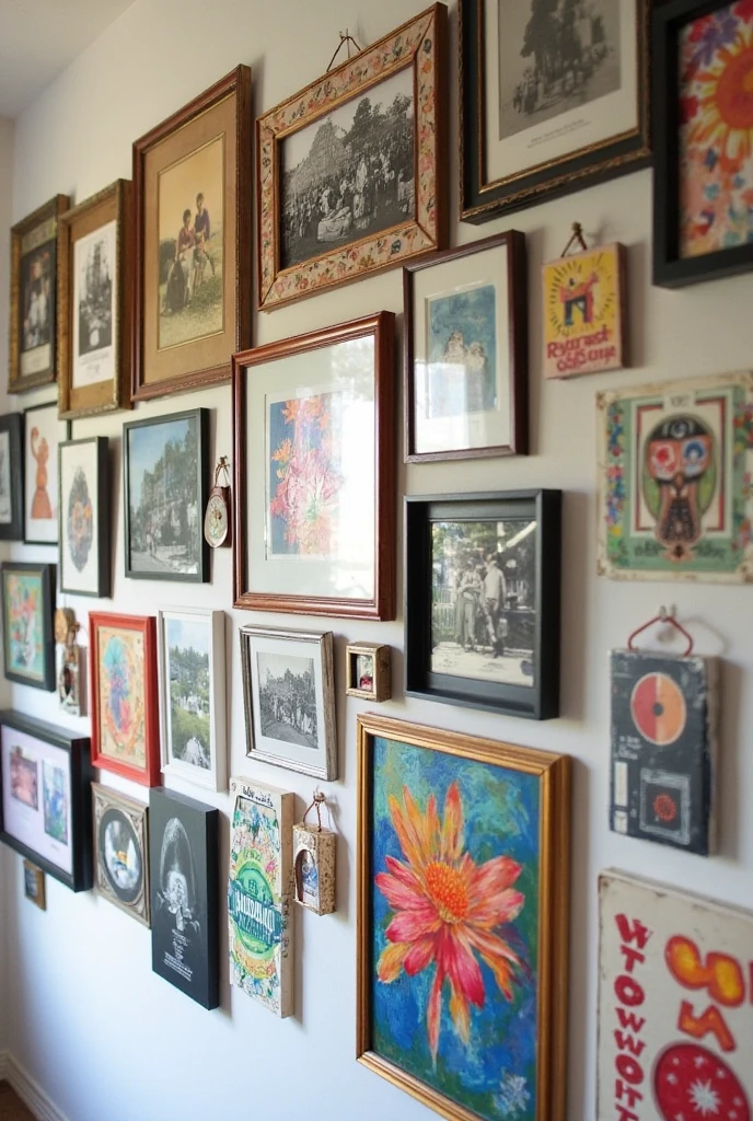 A vibrant and eclectic gallery wall filled with a mix of framed photos, handmade art, vintage postcards, magazine clippings, and torn calendar pages. The arrangement is thoughtfully curated, with varied frame styles—some sleek black, some natural wood, and others with a distressed, vintage finish. The artwork spans different mediums, from colorful abstract paintings to black-and-white photographs, to playful typography. The pieces are hung with a slight overlap for a relaxed, layered look, creating a fun, personal collage that feels both artistic and spontaneous. The wall is bathed in soft natural light, highlighting the textures of paper, canvas, and photographs, and giving the space a cozy, creative vibe.