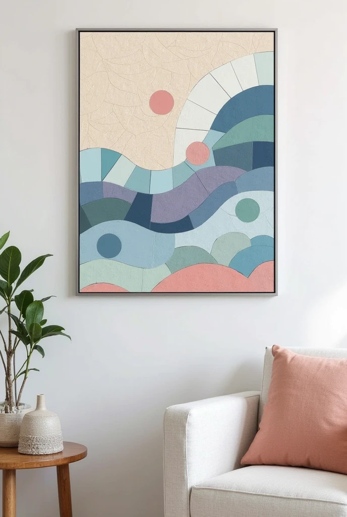 A striking paint chip mosaic art piece featuring cool, refreshing colors arranged in an abstract, geometric pattern. The paint chips, cut into varying shapes—triangles, squares, and circles—are placed together to create a flowing, modern design. The color palette includes icy blues, soft lavender, pale mint green, cool greys, and light coral, giving the artwork a calm yet vibrant feel. The paint chips are glued onto a light, textured cream-colored cardstock or poster board, and the finished piece is framed in a thin, contemporary silver frame. The artwork is displayed in a bright, airy room with minimalistic decor, where the cool tones of the mosaic pop beautifully against the neutral walls