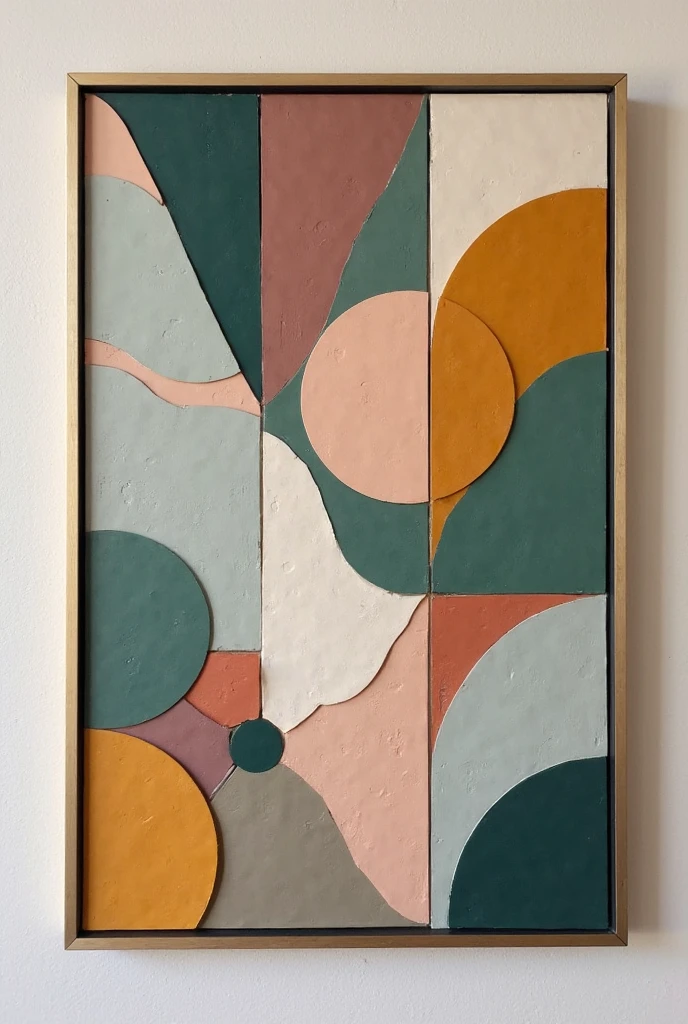 A bold and modern paint chip mosaic artwork featuring an array of muted, sophisticated colors. The paint chips are cut into geometric shapes—hexagons, rectangles, and circles—and arranged into a harmonious, abstract pattern. The color palette includes deep emerald greens, warm terracotta, soft slate grays, dusty mauve, and rich mustard yellow, creating a balanced and refined composition. Each chip has its own texture, adding dimension to the piece, and they are meticulously glued to a neutral gray cardstock or poster board. The mosaic is framed in a sleek black or brushed gold frame, adding a touch of elegance. The artwork is displayed on a soft, minimalistic wall, where the colors of the mosaic pop against the understated background