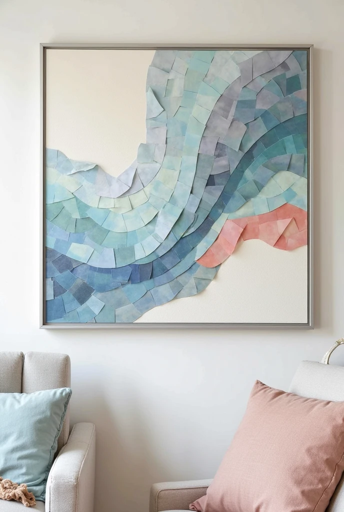 A striking paint chip mosaic art piece featuring cool, refreshing colors arranged in an abstract, geometric pattern. The paint chips, cut into varying shapes—triangles, squares, and circles—are placed together to create a flowing, modern design. The color palette includes icy blues, soft lavender, pale mint green, cool greys, and light coral, giving the artwork a calm yet vibrant feel. The paint chips are glued onto a light, textured cream-colored cardstock or poster board, and the finished piece is framed in a thin, contemporary silver frame. The artwork is displayed in a bright, airy room with minimalistic decor, where the cool tones of the mosaic pop beautifully against the neutral walls