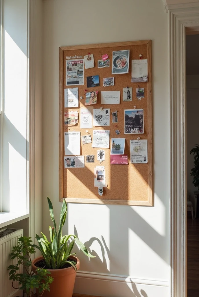 A creative and interactive wall space featuring a corkboard section, serving as a constantly evolving canvas. A large corkboard is covered with pinned photos, magazine clippings, handwritten notes, giving it a dynamic, ever-changing feel. The surrounding space is clean and minimal, with natural light streaming in, casting soft shadows that highlight the board's use. The entire setup gives off a fun, personalized vibe, inviting frequent updates and creativity in a cozy, home office, kitchen nook, or entryway.