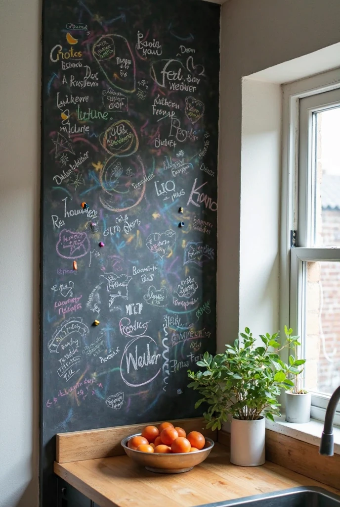 A creative and interactive wall space featuring a chalkboard section, serving as a constantly evolving canvas. The chalkboard area is painted in matte black or deep charcoal, filled with a mix of doodles, all in varying chalk colors—bright pastels, bold whites, and soft greys. The surrounding space is clean and minimal, with natural light streaming in, casting soft shadows that highlight the board's use. The entire setup gives off a fun, personalized vibe, inviting frequent updates and creativity in a cozy, kitchen.