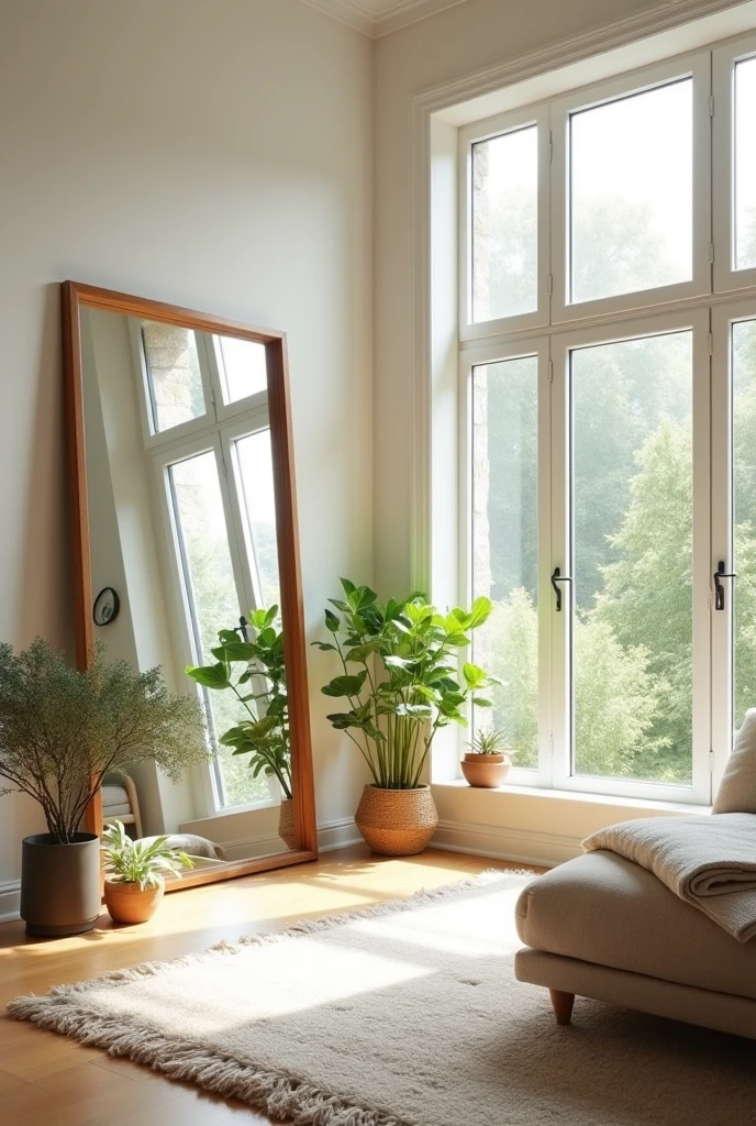 A bright and airy living room with large windows letting in abundant natural light. Across from the windows, a large, simple-framed mirror reflects the light, making the space feel even more expansive and welcoming. The mirror is designed with a sleek, minimalist frame, allowing it to blend seamlessly into the decor. Outside the windows, lush greenery is reflected in the mirror, adding a natural touch to the room. The room is cozy and inviting, with soft furniture, light-colored walls, and subtle decor elements that enhance the feeling of openness and tranquility. The space exudes a warm, balanced atmosphere with a perfect blend of natural light and modern style.