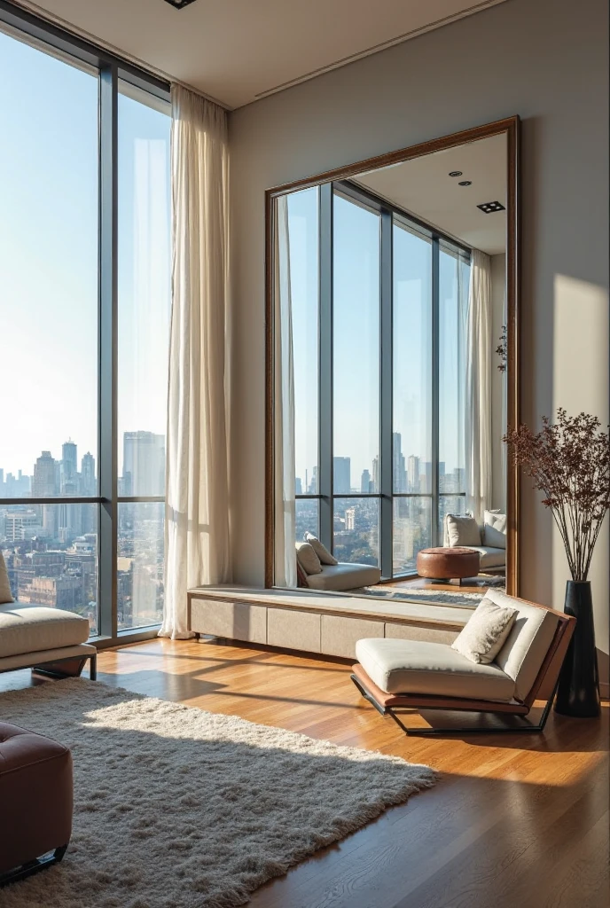 A spacious living room with large windows offering a breathtaking view of a city skyline. On the wall directly across from the windows, a large mirror reflects the beautiful exterior view, seamlessly bringing the outdoors inside. The mirror’s design is elegant yet simple, with a sleek, modern frame that complements the room’s decor without overpowering it. The reflection in the mirror makes the room feel even larger and more open, creating a harmonious connection between the interior and the outside world. Soft natural light pours in, illuminating the stylish furniture and enhancing the expansive, airy atmosphere of the space.