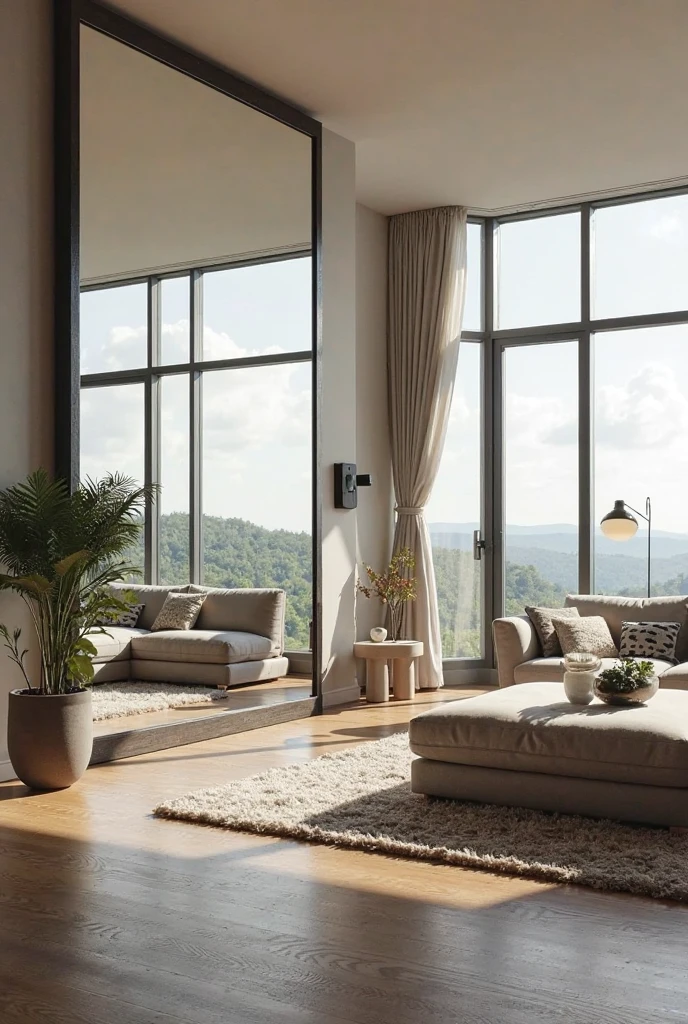 A spacious living room with large windows offering a breathtaking view of a scenic landscape. On the wall directly across from the windows, a large mirror reflects the beautiful exterior view, seamlessly bringing the outdoors inside. The mirror’s design is elegant yet simple, with a sleek, modern frame that complements the room’s decor without overpowering it. The reflection in the mirror makes the room feel even larger and more open, creating a harmonious connection between the interior and the outside world. Soft natural light pours in, illuminating the stylish furniture and enhancing the expansive, airy atmosphere of the space.