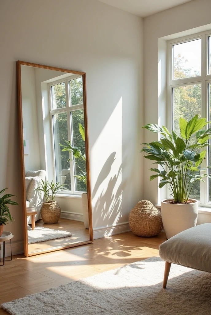 A bright and airy living room with large windows letting in abundant natural light. Across from the windows, a large, simple-framed mirror reflects the light, making the space feel even more expansive and welcoming. The mirror is designed with a sleek, minimalist frame, allowing it to blend seamlessly into the decor. Outside the windows, lush greenery is reflected in the mirror, adding a natural touch to the room. The room is cozy and inviting, with soft furniture, light-colored walls, and subtle decor elements that enhance the feeling of openness and tranquility. The space exudes a warm, balanced atmosphere with a perfect blend of natural light and modern style.