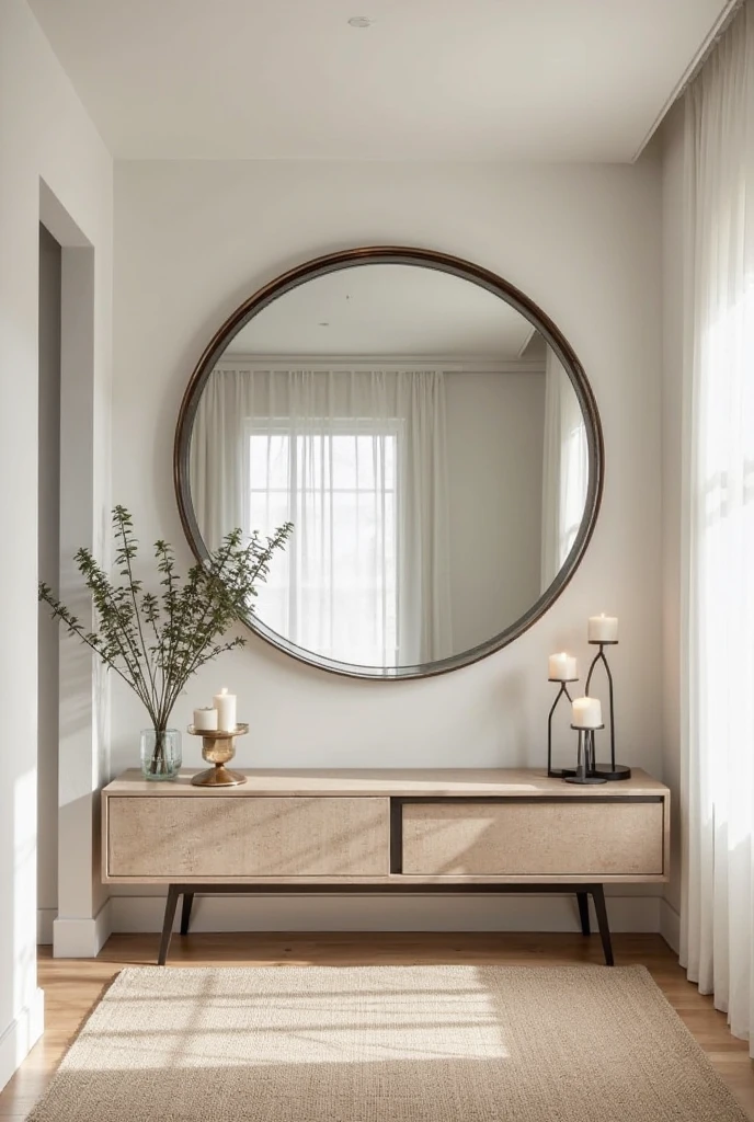 A stylish entryway with a large statement mirror as the focal point. The mirror is oversized, with a sleek, modern design—a bold round shape. The mirror’s size and striking design instantly make the space feel larger and more open. In the entryway, the mirror enhances the flow of light and creates a welcoming ambiance. The room features a minimalist décor with soft, neutral tones, allowing the mirror to stand out while complementing the surroundings. The overall atmosphere is chic, balanced, and inviting.
