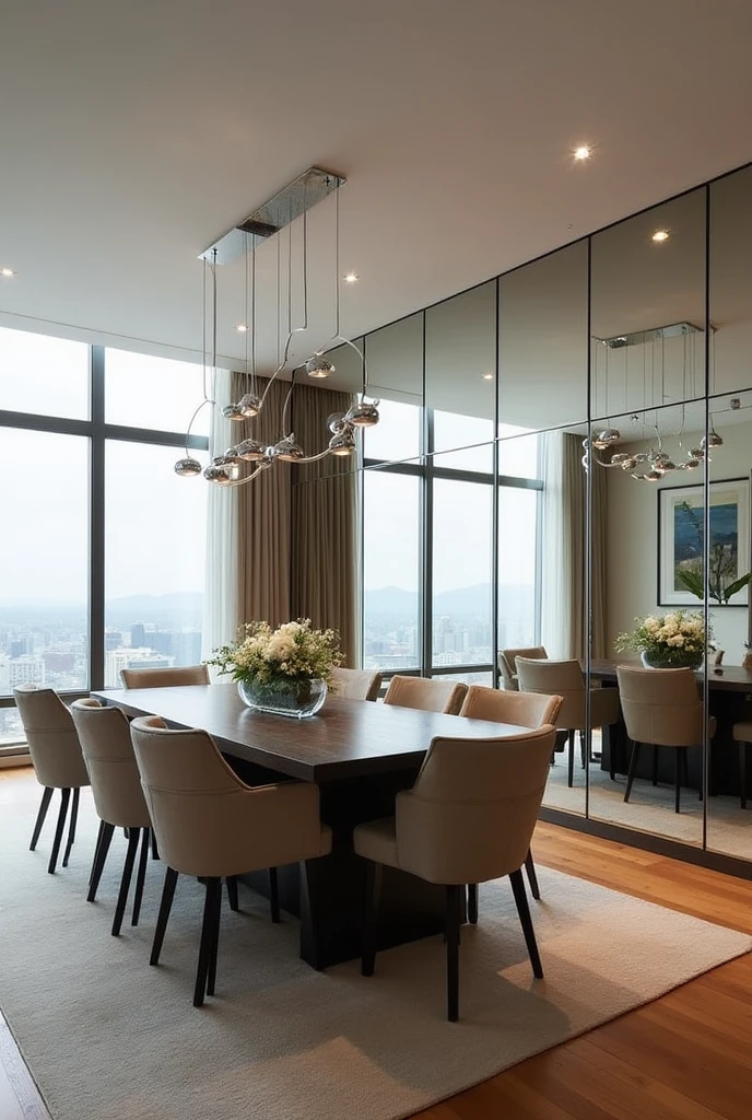 A dramatic dining room featuring a full-length mirror wall that serves as the focal point of the space. The wall is made up of several large mirrors arranged in a grid-like pattern, each reflecting light and creating the illusion of a much larger room. The reflective surface adds depth and brightens the space, visually stretching it to make it feel expansive. The mirrors are positioned thoughtfully to reflect a piece of art or a stunning view outside, avoiding any clutter. The rest of the room is tastefully designed with modern, minimalist furniture in neutral tones, complementing the mirror wall's bold presence. Soft lighting enhances the reflective effect, creating a bright, open, and inviting atmosphere.