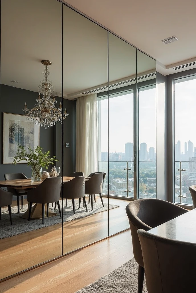 A dramatic dining room featuring a full-length mirror wall that serves as the focal point of the space. The wall is made up of several large mirrors arranged in a grid-like pattern, each reflecting light and creating the illusion of a much larger room. The reflective surface adds depth and brightens the space, visually stretching it to make it feel expansive. The mirrors are positioned thoughtfully to reflect a piece of art or a stunning view outside, avoiding any clutter. The rest of the room is tastefully designed with modern, minimalist furniture in neutral tones, complementing the mirror wall's bold presence. Soft lighting enhances the reflective effect, creating a bright, open, and inviting atmosphere.