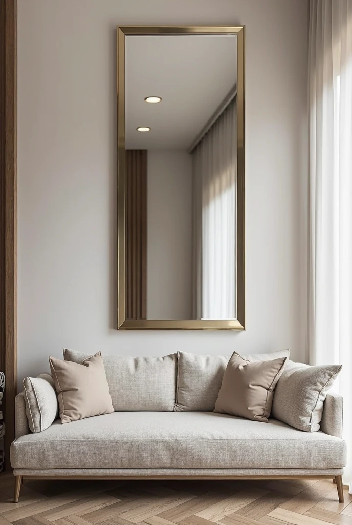 A stylish living room with a tall vertical mirror mounted above the sofa, creating a sense of height and balance in the space. The mirror reflects the sofa below, enhancing the room's sense of verticality and making it feel more expansive. The mirror’s design is sleek and modern, with a simple frame that complements the contemporary décor of the room. The furniture arrangement is elegant and minimalist, with soft lighting highlighting the mirror’s reflective surface. The room feels airy and grand without feeling overcrowded, as the mirror draws the eye upward and enhances the room’s proportions.