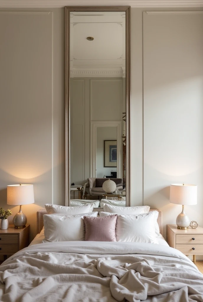 A serene and elegant bedroom with a tall vertical mirror mounted above the bed's headboard, creating a sense of height and balance in the space. The mirror reflects the bed and surrounding furniture, enhancing the room’s verticality and making it feel more expansive. The mirror has a sleek, modern frame, blending seamlessly with the soft, neutral tones of the room. The bedding is plush and inviting, with subtle textures and calming colors, while soft, ambient lighting illuminates the space. The room feels open and grand, as the mirror draws the eye upward, giving the bedroom a sense of grandeur without taking up valuable floor space.