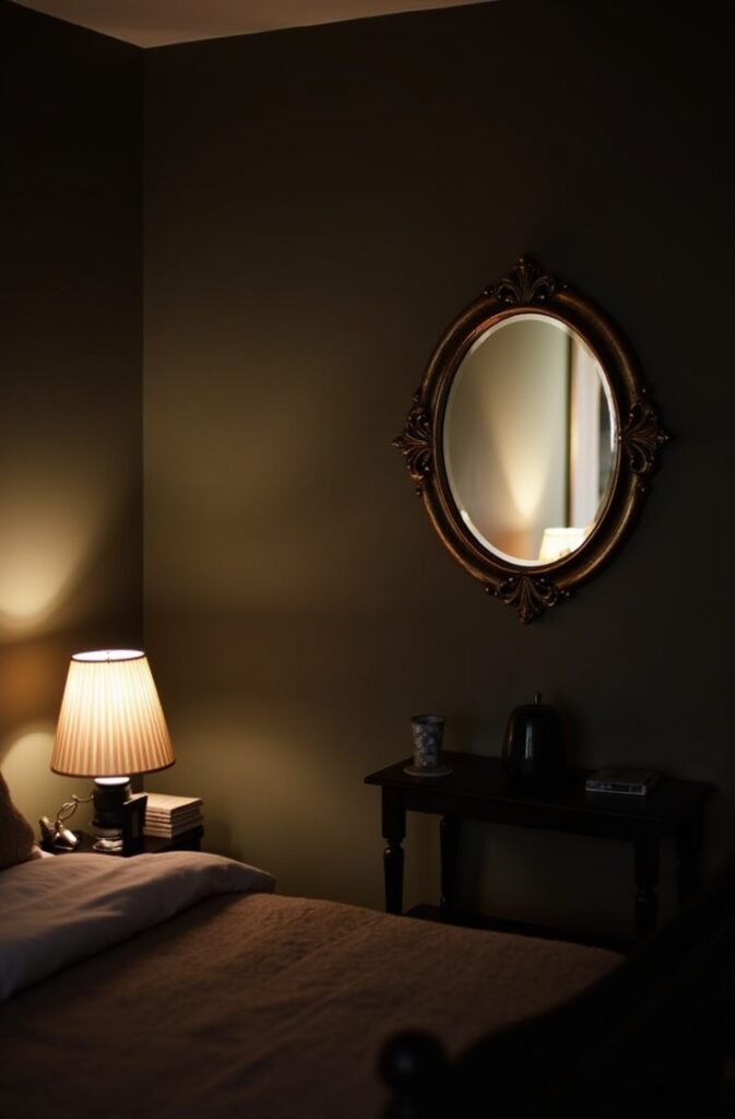 A cozy, dimly lit room, brightened by strategically placed decorative mirror that reflects light and makes the space feel more inviting. One mirror is positioned on a dark wall, amplifying the soft light from a nearby source and dispersing it across the room. The mirror’s frame is elegant yet subtle, adding personality and charm while serving its functional purpose. The overall atmosphere is warm and welcoming, with the mirror enhancing the room’s brightness and visually expanding its size.