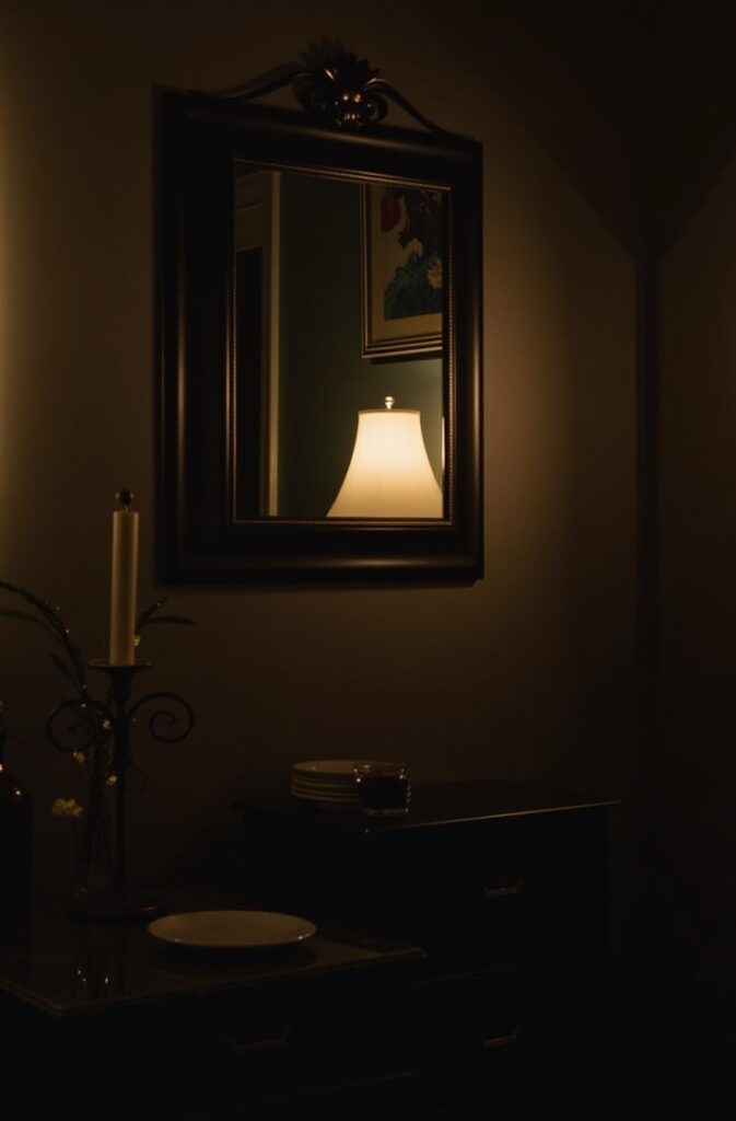 A cozy, dimly lit room, brightened by strategically placed decorative mirror that reflects light and makes the space feel more inviting. One mirror is positioned on a dark wall, amplifying the soft light from a nearby source and dispersing it across the room. The mirror’s frame is elegant yet subtle, adding personality and charm while serving its functional purpose. The overall atmosphere is warm and welcoming, with the mirror enhancing the room’s brightness and visually expanding its size.