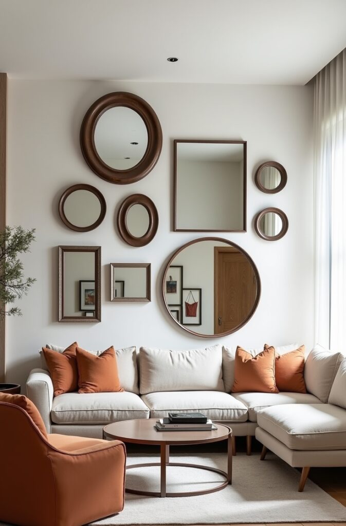 A dynamic living room with mirrors hung at varying heights, arranged in a gallery-style layout. The space features a mix of round, square, and rectangular mirrors, each at a different level, creating visual interest and depth. Some mirrors are wall-mounted, while others are stylish floor mirrors, adding layers and texture to the room. The arrangement is carefully balanced, with the mirrors reflecting light and making the room feel more vibrant, open, and expansive. The surrounding decor is minimalist yet sophisticated, with neutral tones, plush furniture, and subtle pops of color. The mirrors not only serve as functional decor but also contribute to the room’s dynamic and visually engaging atmosphere.