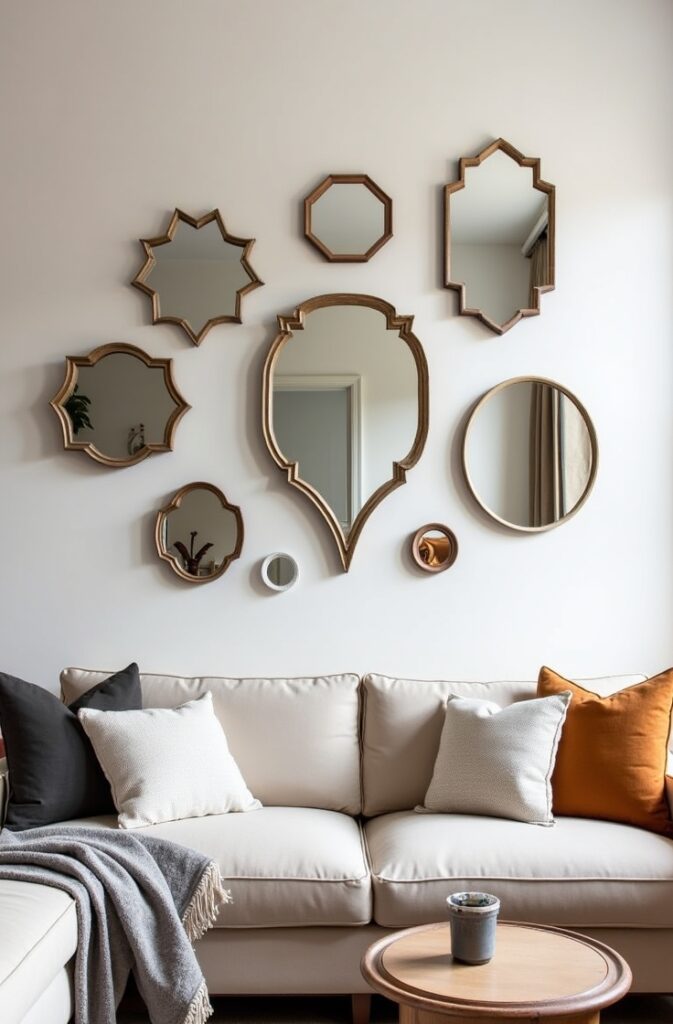 A dynamic living room with mirrors hung at varying heights, arranged in a gallery-style layout. The space features a mix of round, square, and rectangular mirrors, each at a different level, creating visual interest and depth. Some mirrors are wall-mounted, while others are stylish floor mirrors, adding layers and texture to the room. The arrangement is carefully balanced, with the mirrors reflecting light and making the room feel more vibrant, open, and expansive. The surrounding decor is minimalist yet sophisticated, with neutral tones, plush furniture, and subtle pops of color. The mirrors not only serve as functional decor but also contribute to the room’s dynamic and visually engaging atmosphere.