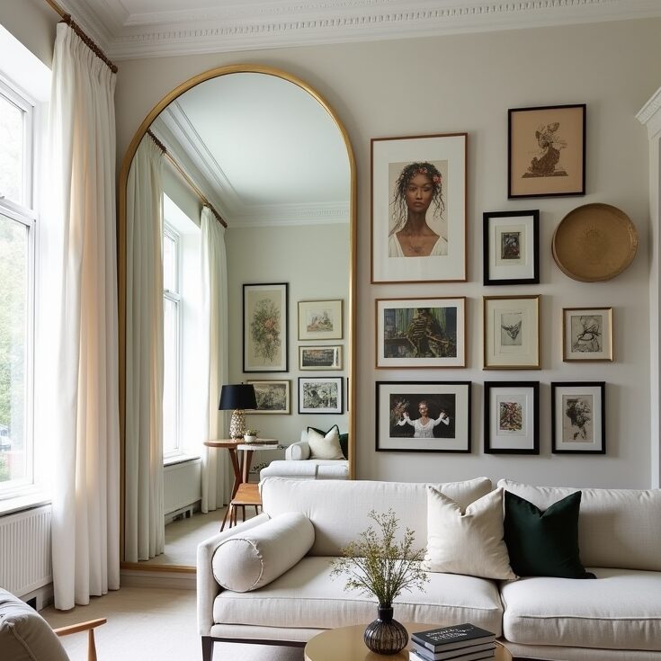 A stunning art gallery wall in a modern living room, with large, elegant mirrors strategically placed to reflect and enhance the artwork. The mirrors are positioned across from the art wall, amplifying their visual impact by creating reflections that add depth and dimension. artwork is framed in sleek frames, adding a touch of sophistication while expanding the visual space. The mirrors themselves are the focal point, with their polished surfaces reflecting the colors and details of the artwork, making both the mirrors and the art come alive in the space. Soft natural light fills the room, highlighting both the reflective surfaces and the curated art collection. The design feels balanced, airy, and refined, with mirrors playing a central role in transforming the room into an elegant, expansive gallery.