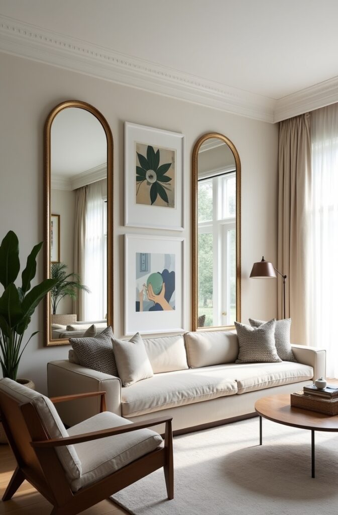 A stunning art gallery wall in a modern living room, with large, elegant mirrors strategically placed to reflect and enhance the artwork. The mirrors are positioned across from the art wall, amplifying their visual impact by creating reflections that add depth and dimension. artwork is framed in sleek frames, adding a touch of sophistication while expanding the visual space. The mirrors themselves are the focal point, with their polished surfaces reflecting the colors and details of the artwork, making both the mirrors and the art come alive in the space. Soft natural light fills the room, highlighting both the reflective surfaces and the curated art collection. The design feels balanced, airy, and refined, with mirrors playing a central role in transforming the room into an elegant, expansive gallery.