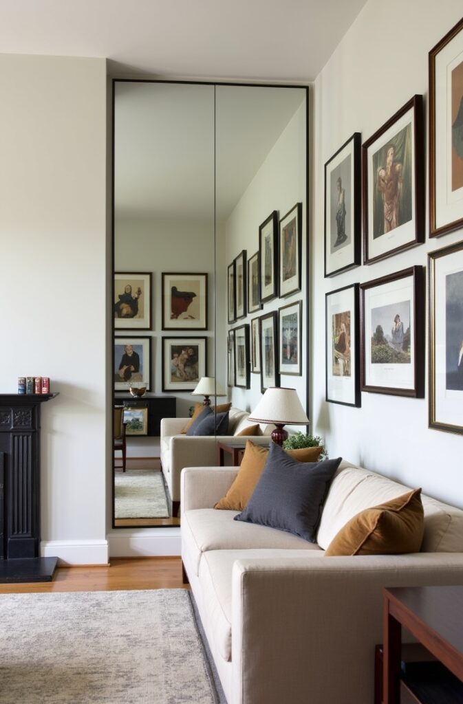 A stunning art gallery wall in a modern living room, with large, elegant mirrors strategically placed to reflect and enhance the artwork. The mirrors are positioned across from the art wall, amplifying their visual impact by creating reflections that add depth and dimension. artwork is framed in sleek frames, adding a touch of sophistication while expanding the visual space. The mirrors themselves are the focal point, with their polished surfaces reflecting the colors and details of the artwork, making both the mirrors and the art come alive in the space. Soft natural light fills the room, highlighting both the reflective surfaces and the curated art collection. The design feels balanced, airy, and refined, with mirrors playing a central role in transforming the room into an elegant, expansive gallery.
