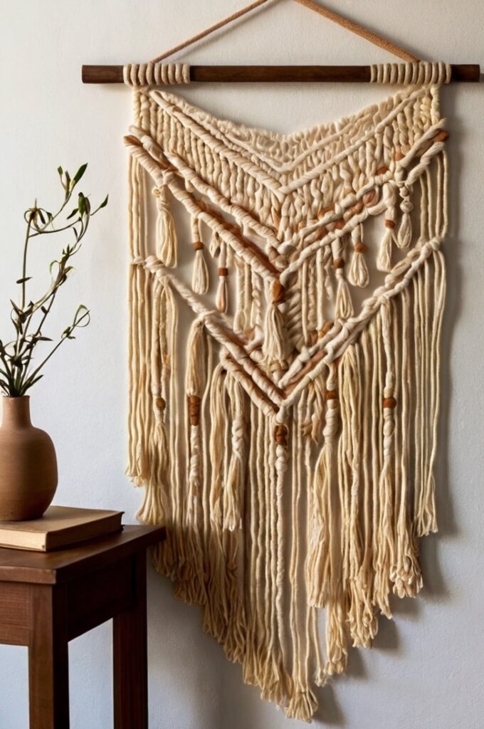 A beautifully crafted yarn wall hanging that adds a cozy, boho-chic vibe to a modern living space. The design features intricate macramé knots in soft natural fibers, with layers of flowing yarn strands in warm, earthy tones—cream, soft beige, rust, and mustard yellow. The piece is suspended from a wooden dowel or branch, hanging gracefully against a neutral-toned wall. The yarn's texture creates a calming, organic feel, with a combination of tight knots and loose, fringed edges that add movement and depth. The simplicity of the design gives the room an inviting, handmade charm, perfect for a living room, bedroom, or meditation corner. Soft, natural light highlights the delicate details and gives the space a relaxed, serene atmosphere.