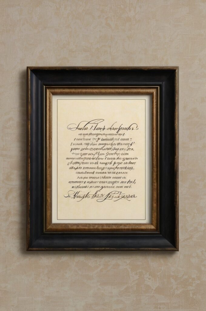 A beautifully designed art print featuring an inspirational quote in graceful serif or calligraphic typography. The background is a soft, neutral tone—ivory, dove gray, or warm beige—with subtle texture reminiscent of fine parchment or handmade paper. The quote is centered and thoughtfully spaced, with elegant flourishes or minimal linework framing the text. Accents of gold foil or embossed lettering add a touch of luxury. The print is displayed in a thin, high-quality frame—brushed gold, matte black, or dark walnut—hung on a clean wall in a serene, upscale space. The overall mood is refined, quiet, and inspiring—perfect for a sophisticated office, reading nook, or gallery wall.
