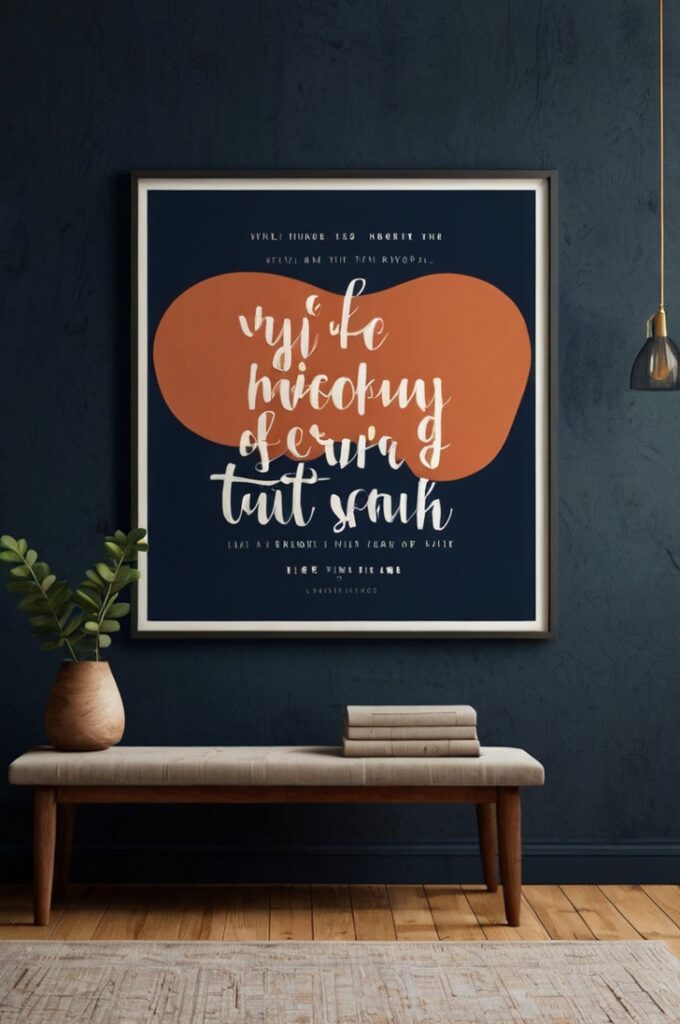 A bold, high-contrast art print featuring a motivational quote in striking typography. The background is a solid color—like deep navy, warm terracotta, or soft cream—while the quote is rendered in crisp sans-serif or hand-lettered script, playing with size and layout for visual impact. Minimal graphic elements such as simple lines, shapes, or icons add structure without overwhelming the text. The print is displayed in a sleek black or metallic frame, hung on a gallery-style wall with other modern artwork. The space feels curated and contemporary, with clean lines, neutral tones, and a touch of artistic flair.