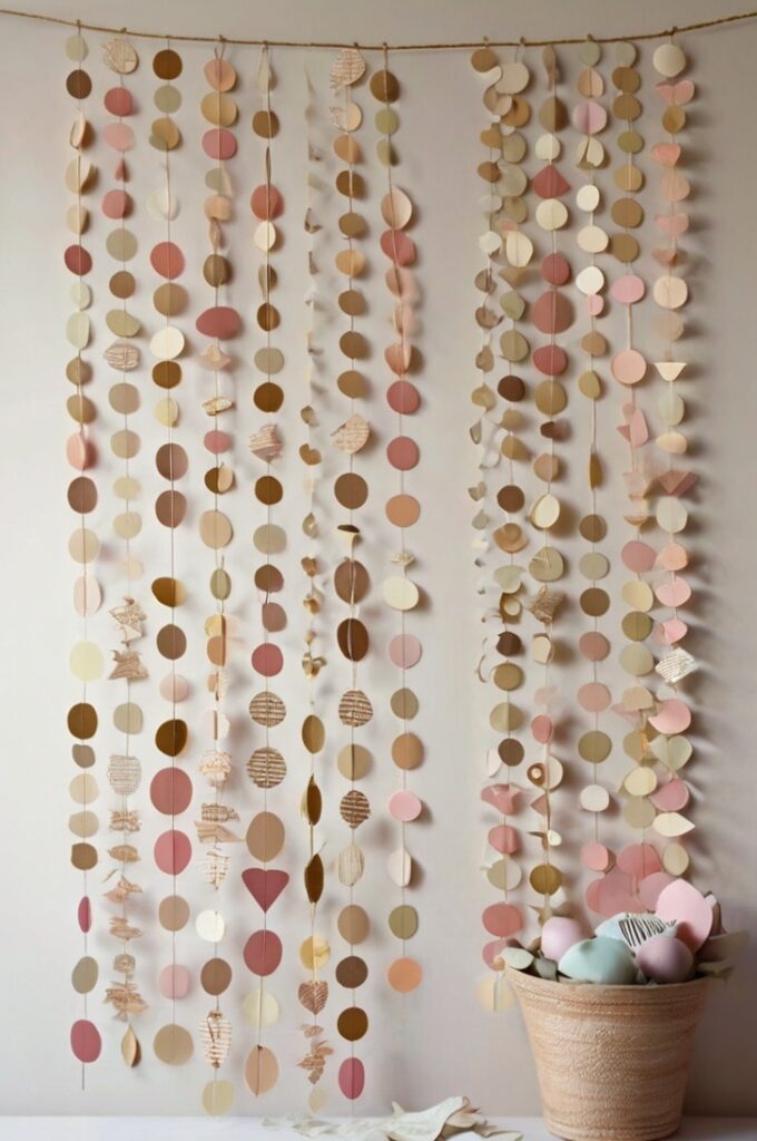 A charming and minimalist interior wall decorated with a handmade paper garland. Delicate, hand-cut paper shapes—circles, stars, hearts, or geometric forms—are strung together with thin twine or string, draped gently across the wall in soft curves. The paper is a mix of pastel shades, muted tones like ivory, blush, and sage. Each piece is spaced evenly, creating a light and airy effect. The garland adds a subtle touch of whimsy and texture to the space. Natural light filters in, giving the paper a soft glow and highlighting the simple, handcrafted beauty of the design