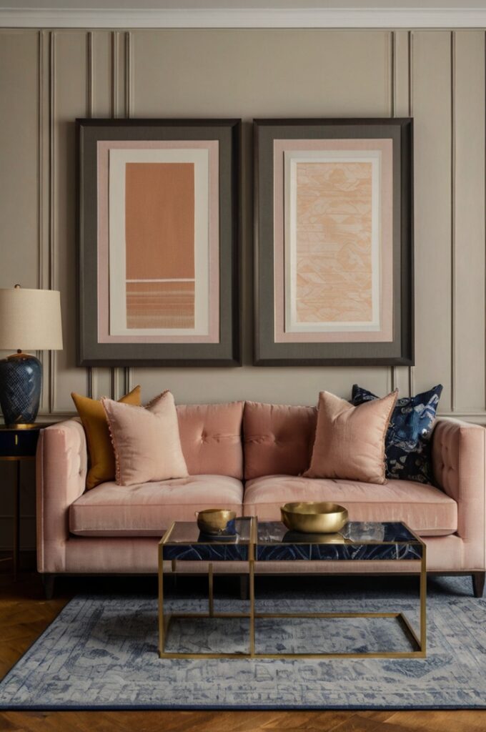 A chic and artistic wall featuring framed fabric swatches turned into custom wall art. The fabric pieces are neatly cut to fit elegant frames, showcasing a variety of textures and patterns— soft stripes, abstract designs, and delicate solids. The color palette is thoughtfully curated to create a cohesive look, blending warm tones like terracotta, mustard yellow, and deep navy with accents of soft pink, sage green, and cream. The frames are simple yet sophisticated, with some in natural wood, others in sleek black or gold, adding a touch of refinement. The arrangement is balanced and visually dynamic, bringing color and texture to the wall while enhancing the room’s overall aesthetic. Natural light highlights the fabrics, giving the space a cozy, curated, and artistic vibe.