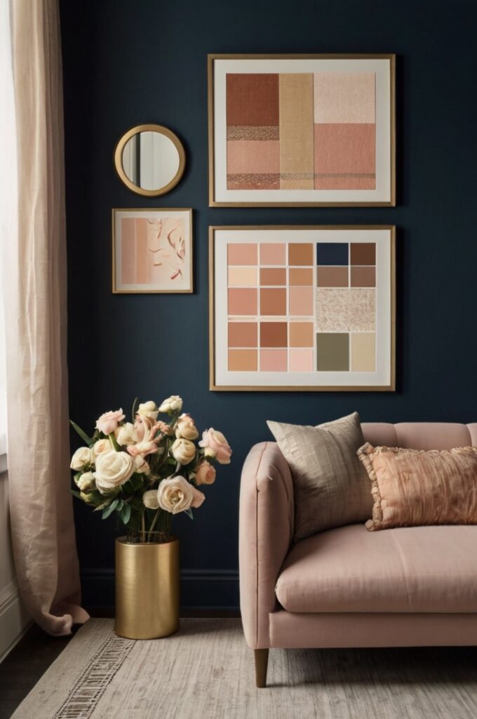 A chic and artistic wall featuring framed fabric swatches turned into custom wall art. The fabric pieces are neatly cut to fit elegant frames, showcasing a variety of textures and patterns— soft stripes, abstract designs, and delicate solids. The color palette is thoughtfully curated to create a cohesive look, blending warm tones like terracotta, mustard yellow, and deep navy with accents of soft pink, sage green, and cream. The frames are simple yet sophisticated, with some in natural wood, others in sleek black or gold, adding a touch of refinement. The arrangement is balanced and visually dynamic, bringing color and texture to the wall while enhancing the room’s overall aesthetic. Natural light highlights the fabrics, giving the space a cozy, curated, and artistic vibe.