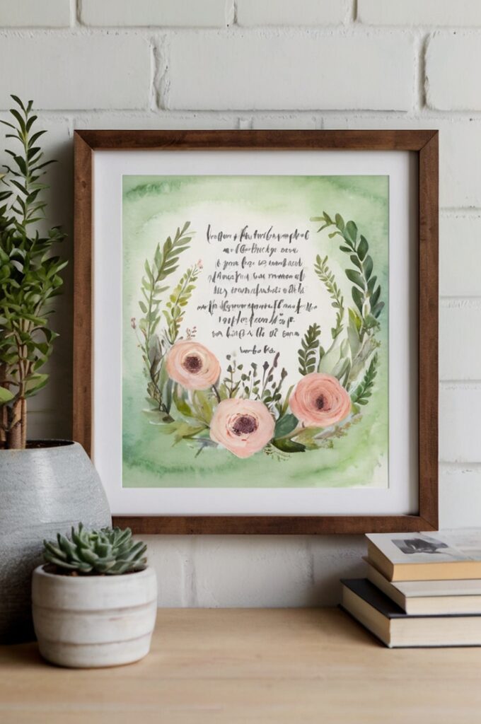 A cozy and personalized art print featuring an inspirational quote in elegant, modern typography. The quote is centered on a clean white or soft pastel background, framed in a simple wood or white frame. Artistic touches add charm—hand-drawn doodles, subtle watercolor washes in gentle hues like blush, lavender, or sage, and decorative washi tape borders with playful patterns. The piece sits on a shelf or hangs on a wall in a light-filled, inviting space, surrounded by small plants, books, or candles. The overall vibe is uplifting, creative, and full of personality—like a daily reminder to stay inspired
