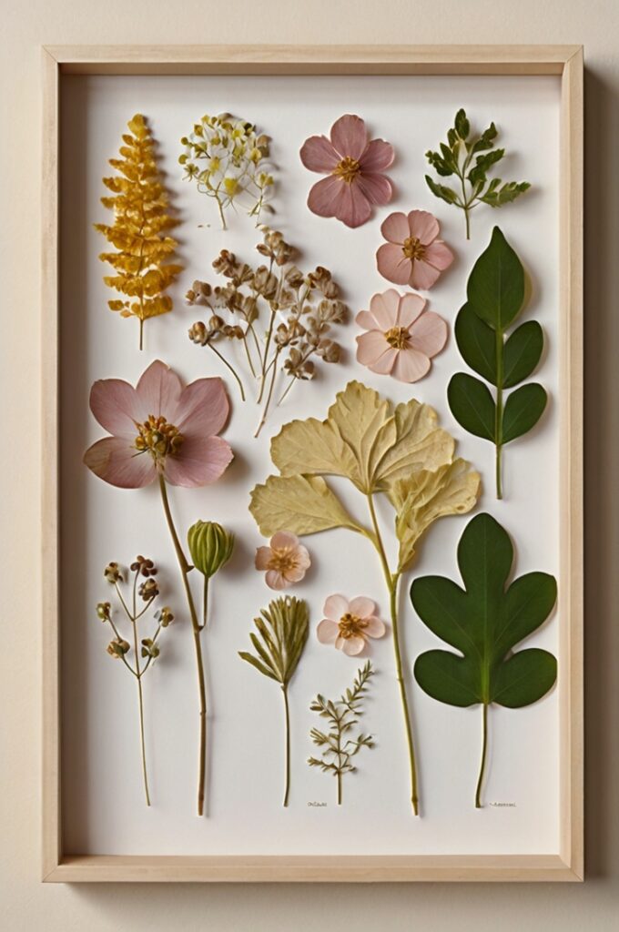 A delicate, nature-inspired art display featuring pressed flowers and leaves carefully arranged on white or cream-colored cardstock. The botanical elements—petals, stems, and foliage—are preserved in soft, natural colors like pale pinks, gentle greens, and muted yellows. Each piece is framed in a simple, minimalist frame, either light wood or white, creating a clean and airy look. The artwork is displayed on a light-toned wall, with natural daylight enhancing the organic textures and subtle beauty of the plants. The overall aesthetic is calm, elegant, and reminiscent of a quiet walk through nature.