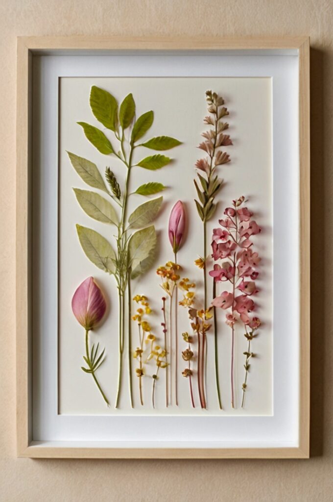 A delicate, nature-inspired art display featuring pressed flowers and leaves carefully arranged on white or cream-colored cardstock. The botanical elements—petals, stems, and foliage—are preserved in soft, natural colors like pale pinks, gentle greens, and muted yellows. Each piece is framed in a simple, minimalist frame, either light wood or white, creating a clean and airy look. The artwork is displayed on a light-toned wall, with natural daylight enhancing the organic textures and subtle beauty of the plants. The overall aesthetic is calm, elegant, and reminiscent of a quiet walk through nature.