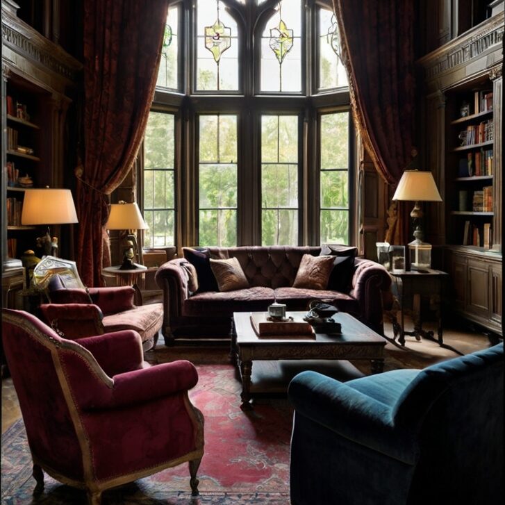 A luxurious Gothic-inspired living room that channels the essence of haunted house glamour. The space features soaring ceilings and dramatic architectural elements such as pointed arches, intricate wood carvings, and tall, arched windows partially veiled with heavy, dark drapes. Walls are painted in rich, moody tones like deep burgundy, with textured finishes that feel aged and opulent. Towering bookshelves filled with old, leather-bound books stretch to the ceiling. The furniture is antique and elegant—ornate armchairs, a velvet sofa, and a carved wooden coffee table, all appearing well-worn but dignified. Subtle gothic flourishes like stained glass accents and tapestries evoke a timeless, romantic darkness. The overall mood is mysterious, dramatic, and steeped in old-world elegance.