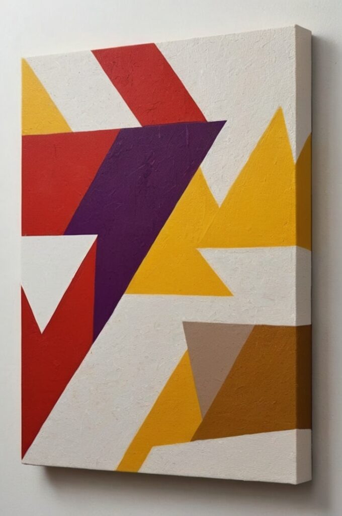A modern, minimalist art piece created using painter’s tape and acrylic paint on canvas. Bold geometric patterns—triangles, diagonal lines, and intersecting shapes—are revealed through sharp, clean edges where the tape was removed. The color palette is contemporary and striking, featuring a mix of muted neutrals and bold accent tones like red, yellow and neon purple. The canvas is displayed on a clean, white wall in a bright, airy room, with natural light highlighting the texture of the paint. The overall aesthetic is sleek and artistic, blending DIY creativity with modern design.