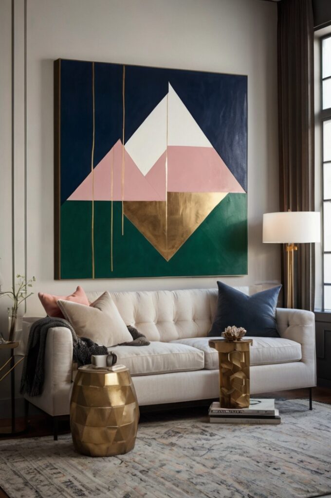 A modern, minimalist art piece created using painter’s tape and acrylic paint on canvas. Bold geometric patterns—triangles, diagonal lines, and intersecting shapes—are revealed through sharp, clean edges where the tape was removed. The color palette is contemporary and striking, featuring a mix of muted neutrals and bold accent tones like deep navy, pink, green, white or gold. The canvas is displayed on a clean, white wall in a bright, airy room, with natural light highlighting the texture of the paint. The overall aesthetic is sleek and artistic, blending DIY creativity with modern design.