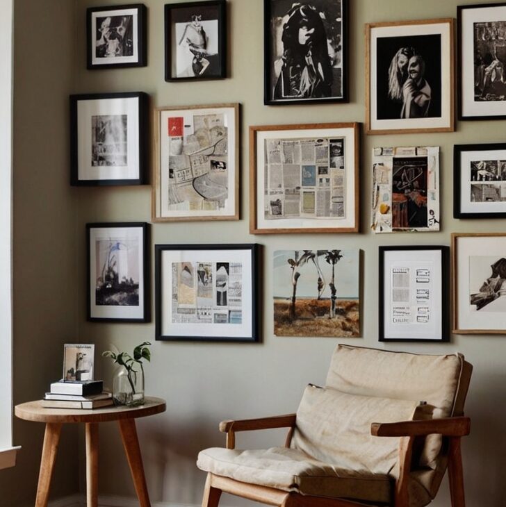 A vibrant and eclectic gallery wall filled with a mix of framed photos, handmade art, vintage postcards, magazine clippings, and torn calendar pages. The arrangement is thoughtfully curated, with varied frame styles—some sleek black, some natural wood, and others with a distressed, vintage finish. The artwork spans different mediums, from colorful abstract paintings to black-and-white photographs, to playful typography. The pieces are hung with a slight overlap for a relaxed, layered look, creating a fun, personal collage that feels both artistic and spontaneous. The wall is bathed in soft natural light, highlighting the textures of paper, canvas, and photographs, and giving the space a cozy, creative vibe.