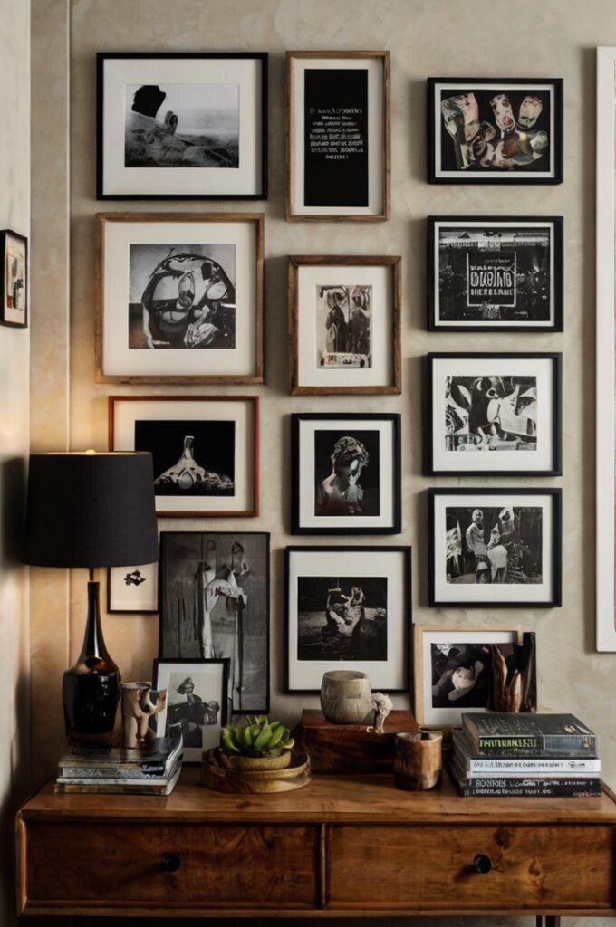 A vibrant and eclectic gallery wall filled with a mix of framed photos, handmade art, vintage postcards, magazine clippings, and torn calendar pages. The arrangement is thoughtfully curated, with varied frame styles—some sleek black, some natural wood, and others with a distressed, vintage finish. The artwork spans different mediums, from colorful abstract paintings to black-and-white photographs, to playful typography. The pieces are hung with a slight overlap for a relaxed, layered look, creating a fun, personal collage that feels both artistic and spontaneous. The wall is bathed in soft natural light, highlighting the textures of paper, canvas, and photographs, and giving the space a cozy, creative vibe.