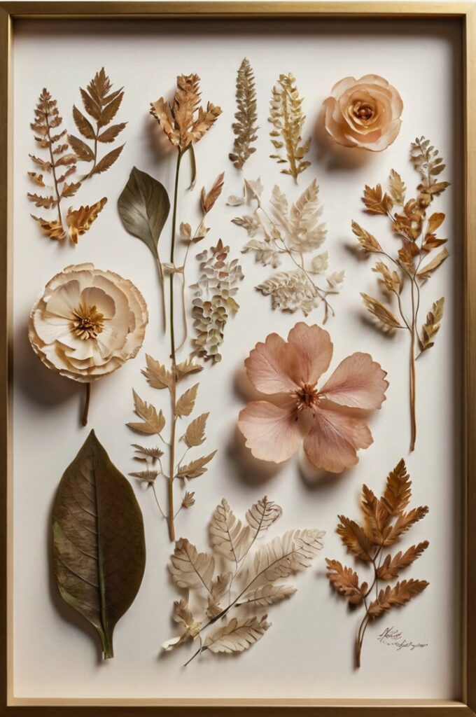 A whimsical and elegant wall art display featuring pressed flowers and foliage arranged like miniature botanical compositions. Each flower and leaf is carefully preserved, showcasing intricate details—translucent petals, fine veins, and gentle curves. The plants are artistically arranged on textured, hand-torn cardstock in soft tones of ivory, parchment, and blush. Some frames feature minimalist grids, while others highlight a single, dramatic bloom. The frames vary slightly in size and material—natural wood, brass, and vintage white—creating a curated, gallery-like effect. Warm, golden sunlight filters across the scene, casting soft shadows and enhancing the organic textures. The overall mood is poetic and serene