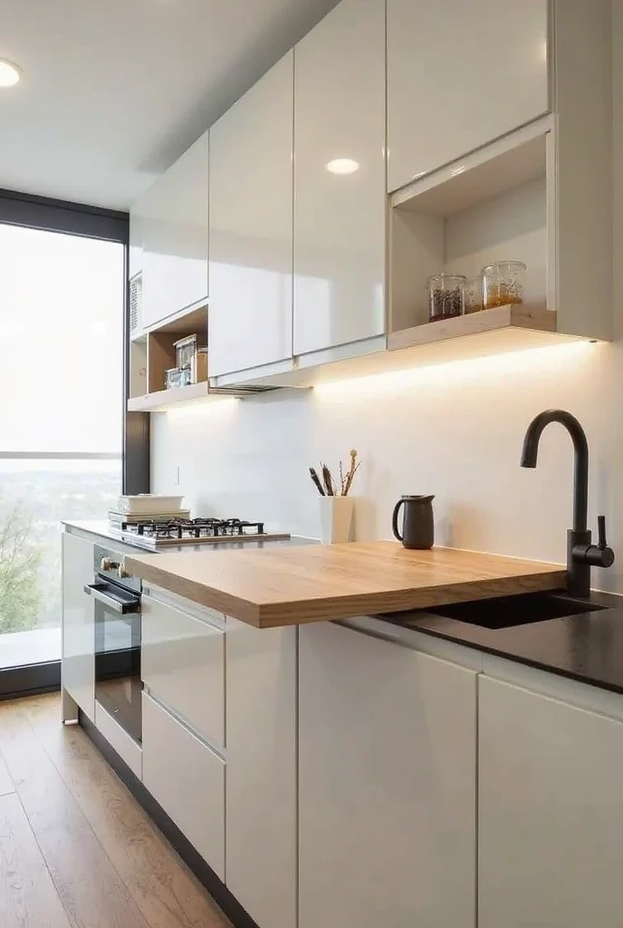 A small kitchen featuring a foldable counter is installed along the wall, which can be pulled out when extra prep space is needed and folded down when not in use. The design emphasizes functionality and space-saving, perfect for small kitchens that need versatility