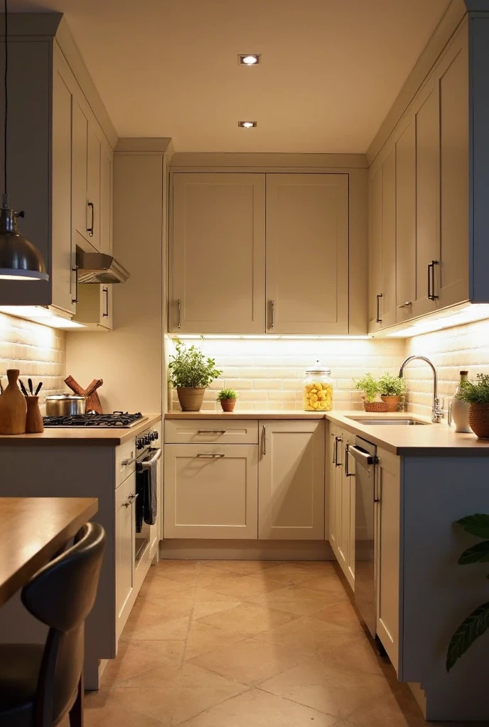 A small, well-lit kitchen featuring smart lighting solutions to create a bright and spacious feel. Energy-efficient LED lights are installed under the cabinets, providing focused illumination for the kitchen's work areas without overwhelming the space. Recessed ceiling lights are evenly distributed throughout the kitchen, ensuring a well-lit, airy atmosphere without taking up headspace. The overall lighting design is both functional and visually appealing, creating a warm and inviting kitchen.