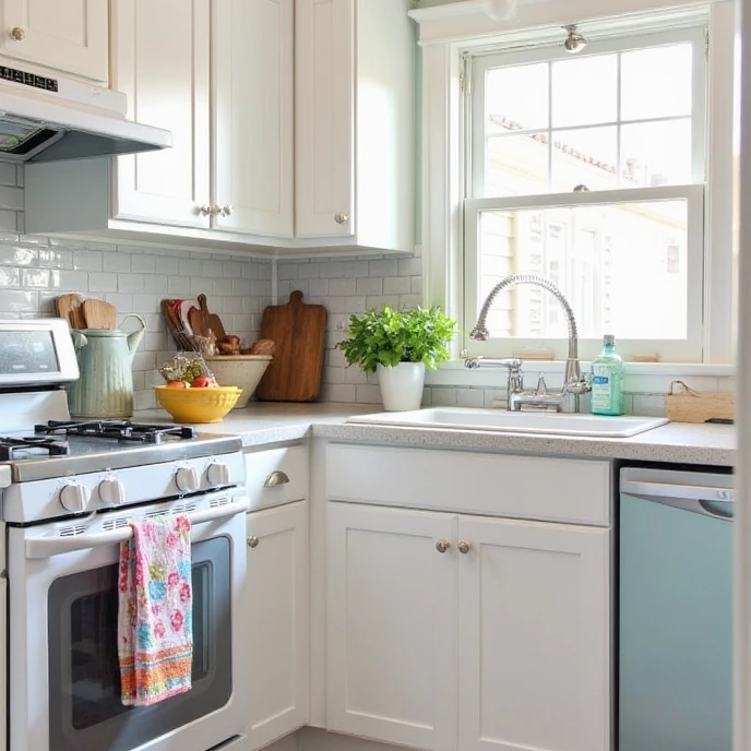 A small kitchen with light and neutral colors, including whites, soft greys, and pale blues, making the space feel open and airy. The design has a clean, timeless look with pops of color from accents like colorful dish towels, a vibrant backsplash, and a bold rug. The space is bright and inviting, with just the right amount of color to keep it lively and visually interesting.