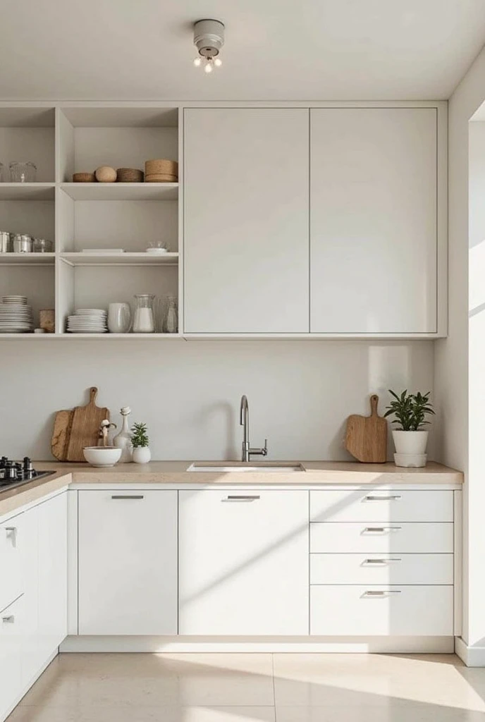 a serene and minimalist kitchen design. Use neutral color schemes like whites, greys, and beige, with sleek, modern finishes. Incorporate plenty of natural light, with large windows that open up the space. The cabinetry should be streamlined, with clean lines and hidden storage solutions to reduce clutter. The countertops should be simple and functional, with minimal accessories. The kitchen should feel spacious, organized, and calm, featuring high-quality materials over excess. Focus on a sense of tranquility and efficiency, with modern, but purposeful appliances and decor.