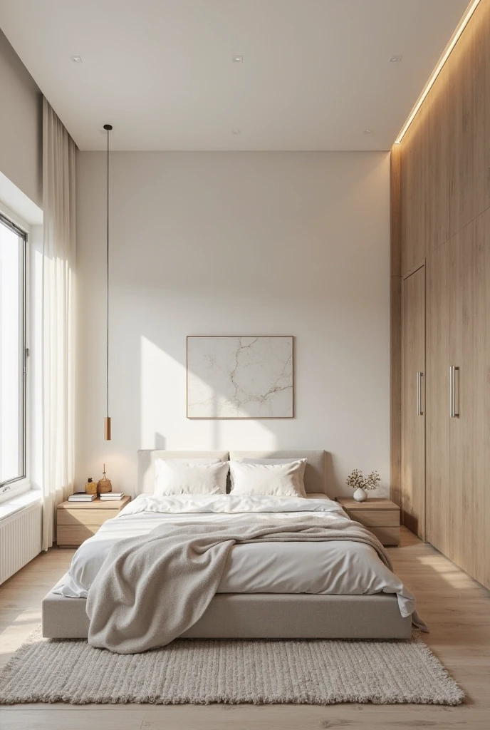 a serene and minimalist bedroom design. Use neutral color schemes like whites, greys, and beige, with soft, natural lighting to create a peaceful atmosphere. The furniture should be sleek and simple, with a low-profile bed, clean-lined nightstands, and a minimalist wardrobe. The room should feel spacious and organized, with hidden storage solutions to keep the space clutter-free. Keep the decor minimal, with perhaps one or two subtle art pieces or decorative elements. The overall feel should be calm, serene, and intentional, focusing on quality materials and a restful, tranquil vibe.