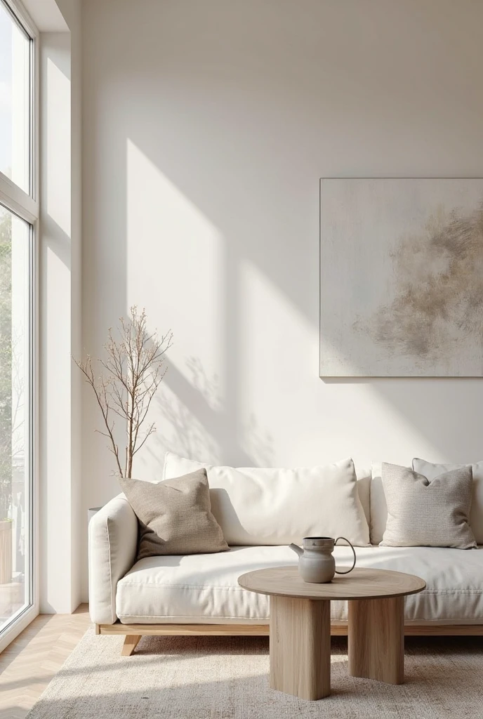 a serene and tranquil minimalist living room interior. Use neutral color schemes like whites, greys, and beige. Incorporate plenty of natural light with large windows, emphasizing open space. The furniture should have clean, simple lines, with a focus on functionality—think sleek, modern pieces like a low-profile sofa and a minimalistic coffee table. Include subtle, hidden storage elements to maintain a clutter-free environment. The room should feel calm, organized, and intentional, with a sense of tranquility. Avoid clutter or excessive decor, keeping the overall aesthetic clean and serene, focusing on quality over quantity.