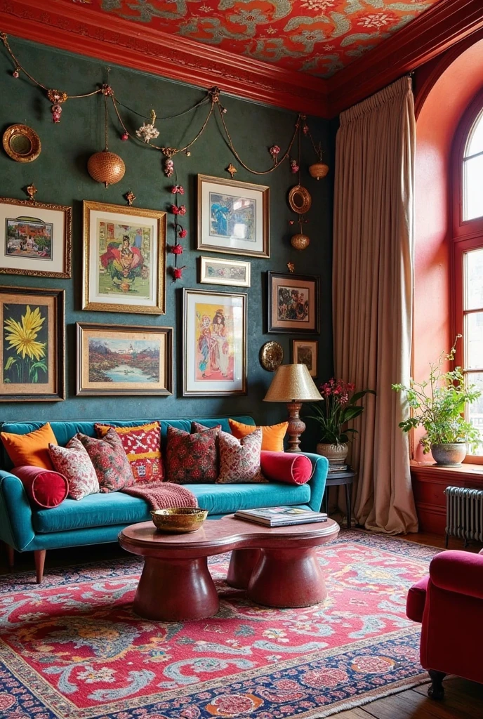 a vibrant and eclectic maximalist living room design. Use bold color palettes like rich reds, deep blues, and golds, with statement walls featuring patterns or striking accent pieces. Layer various textures like plush rugs, velvet cushions, and metallic finishes. Incorporate a gallery wall filled with a mix of art, photographs, and vintage finds. Include boho, glam, and globally-inspired decor accents such as patterned throws, sculptural objects, and vintage furniture. The space should feel rich in personality, with curated chaos that still feels intentional and harmonious. Every corner should be unique and full of life, showcasing a blend of creativity and expression.