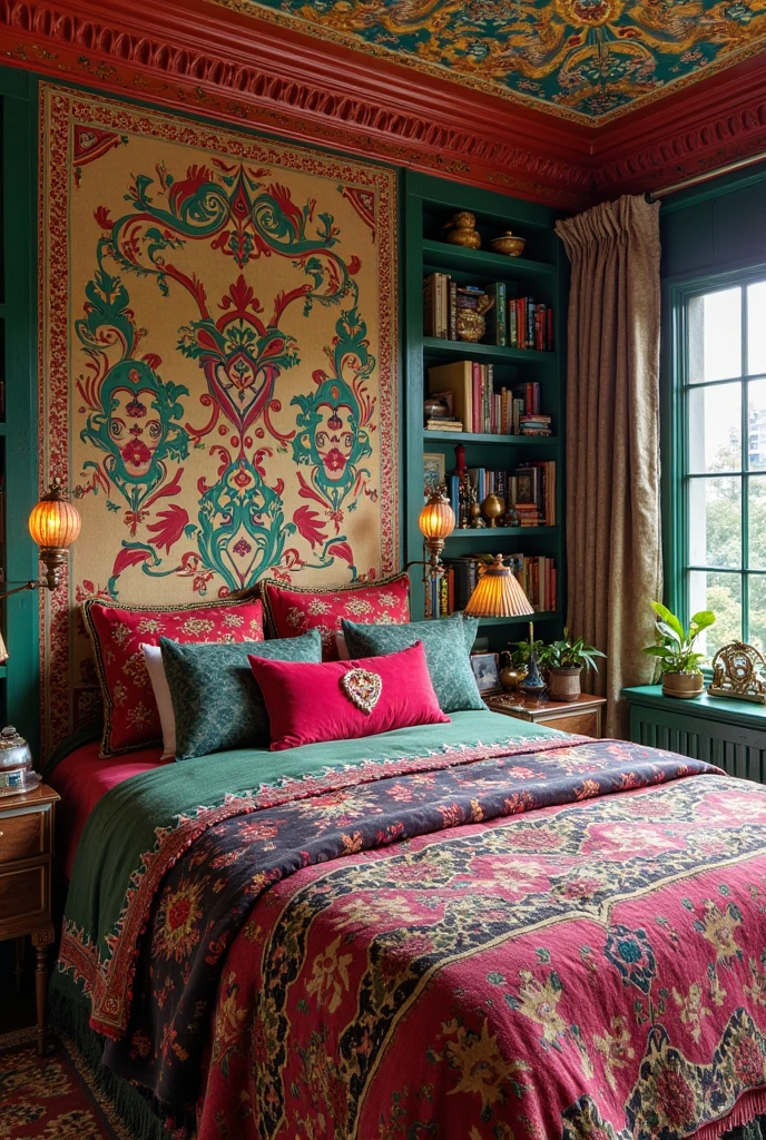 a vibrant and eclectic maximalist bedroom design. Use bold color palettes like deep jewel tones, rich reds, emerald greens, and gold accents. The walls should feature a statement design, such as a colorful wallpaper or a striking patterned accent wall. Layer various textures, including plush velvet cushions, ornate bed linens, patterned rugs, and a mix of decorative throws. Incorporate vintage, boho, and globally-inspired elements, like unique art pieces, sculptural lighting, and exotic textiles. Add shelves or displays with collections of books, trinkets, and personal items to make the space feel lived-in and curated. The bedroom should be full of personality, with every corner offering a new visual story. The overall vibe should be rich, cozy, and dynamic, exuding creativity, warmth, and personal expression.