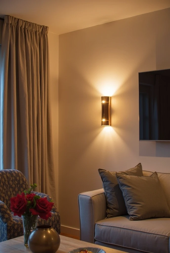 a cozy and inviting living room with ambient lighting provided by wall-mounted sconces. The sconces should be placed on the walls to provide a soft, even illumination that fills the space without overwhelming it. The lighting should create a warm, natural glow that enhances the room's atmosphere while maintaining a clean and uncluttered aesthetic. The room should feature simple, modern furniture with neutral tones, and the sconces should blend seamlessly into the decor. Focus on the balance of light, with the sconces offering subtle, unobtrusive illumination to provide overall comfort and clarity throughout the space.