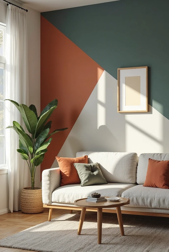 A cozy, modern living room interior with one bold accent wall painted in a rich, trend-forward color like deep navy, terracotta, or sage green. The accent wall features a stylish geometric design or color blocking pattern. The rest of the room is in soft neutral tones (white, beige, or light gray) to highlight the accent wall. Include a sleek sofa, indoor plant, minimalist wall decor, and soft natural lighting from a nearby window. The space should feel warm, inviting, and contemporary, with a touch of DIY charm. Medium: photo-realistic.