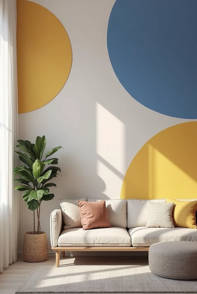 A modern, inviting living room with one striking accent wall painted in a bold, stylish color such as pale yellow, dusty rose, and cobalt blue. The accent wall features a playful geometric or abstract color-blocking pattern that gives the room a creative, DIY vibe. The surrounding walls are light and neutral—think warm ivory or soft greige—to balance the intensity of the accent color. Include modern furniture with clean lines, a comfy armchair, indoor greenery, and soft natural lighting. The room should feel fresh, artistic, and full of personality. Medium: photo-realistic.